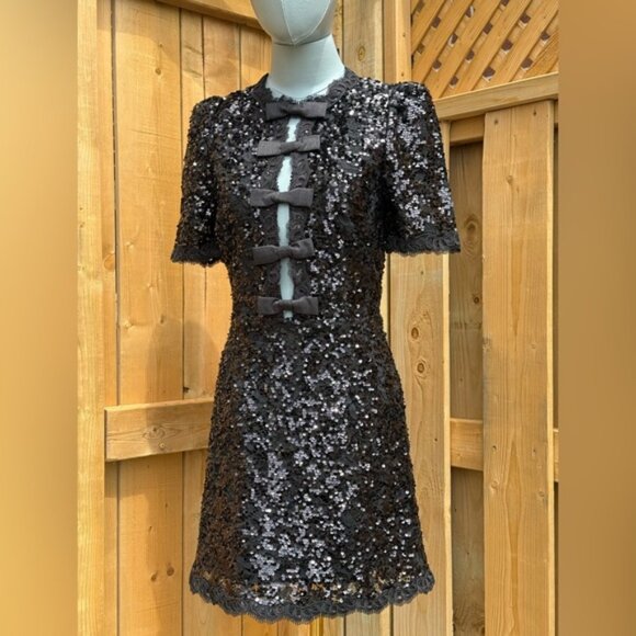 🆕 REBECCA VALLANCE 🧿 NWOT x Nicky Hilton Diana Black Bow Sequin Mini, Sz US 2 - Picture 11 of 16